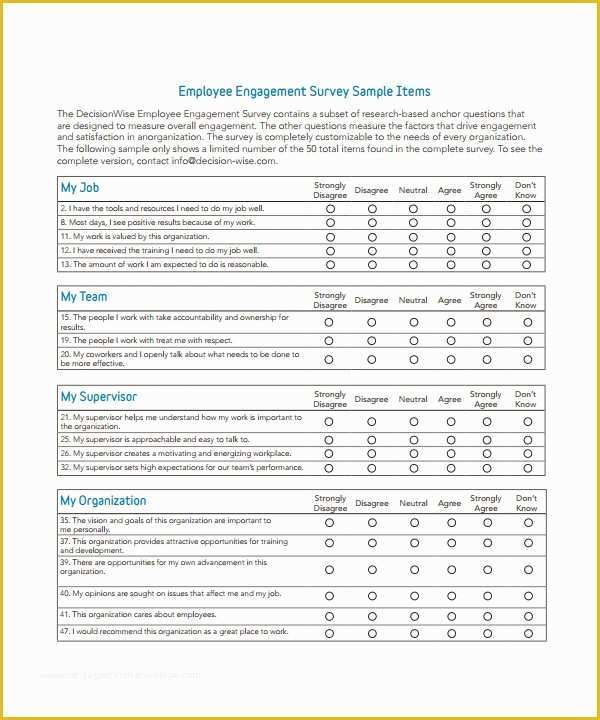 Free Sample Employee Satisfaction Survey Templates Of Employee Survey Questions Work Environment