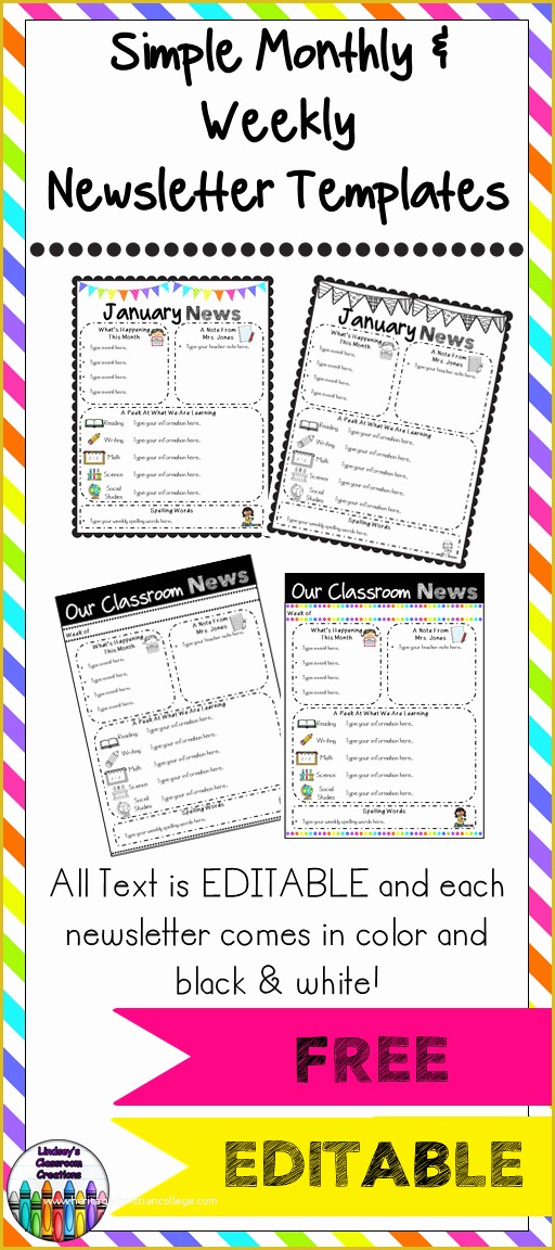 Free School Newsletter Templates Of Editable Classroom Newsletter Templates Color &amp; Black