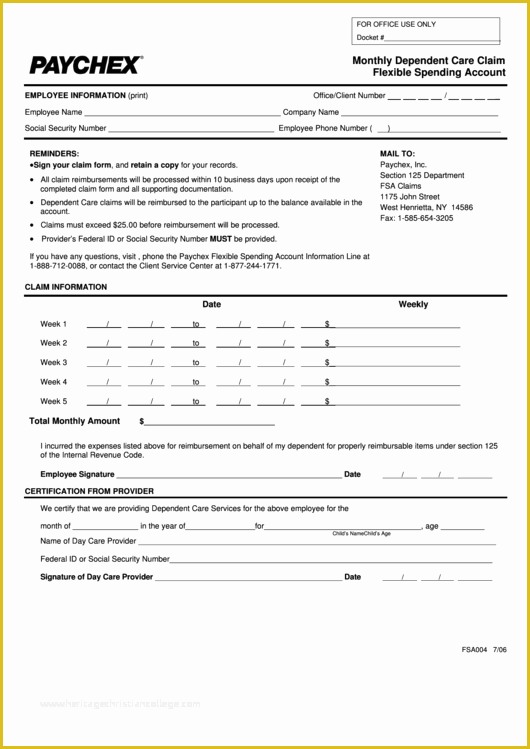 Free Section 125 Plan Document Template Of form Fsa004 Monthly Dependent Care Claim Flexible