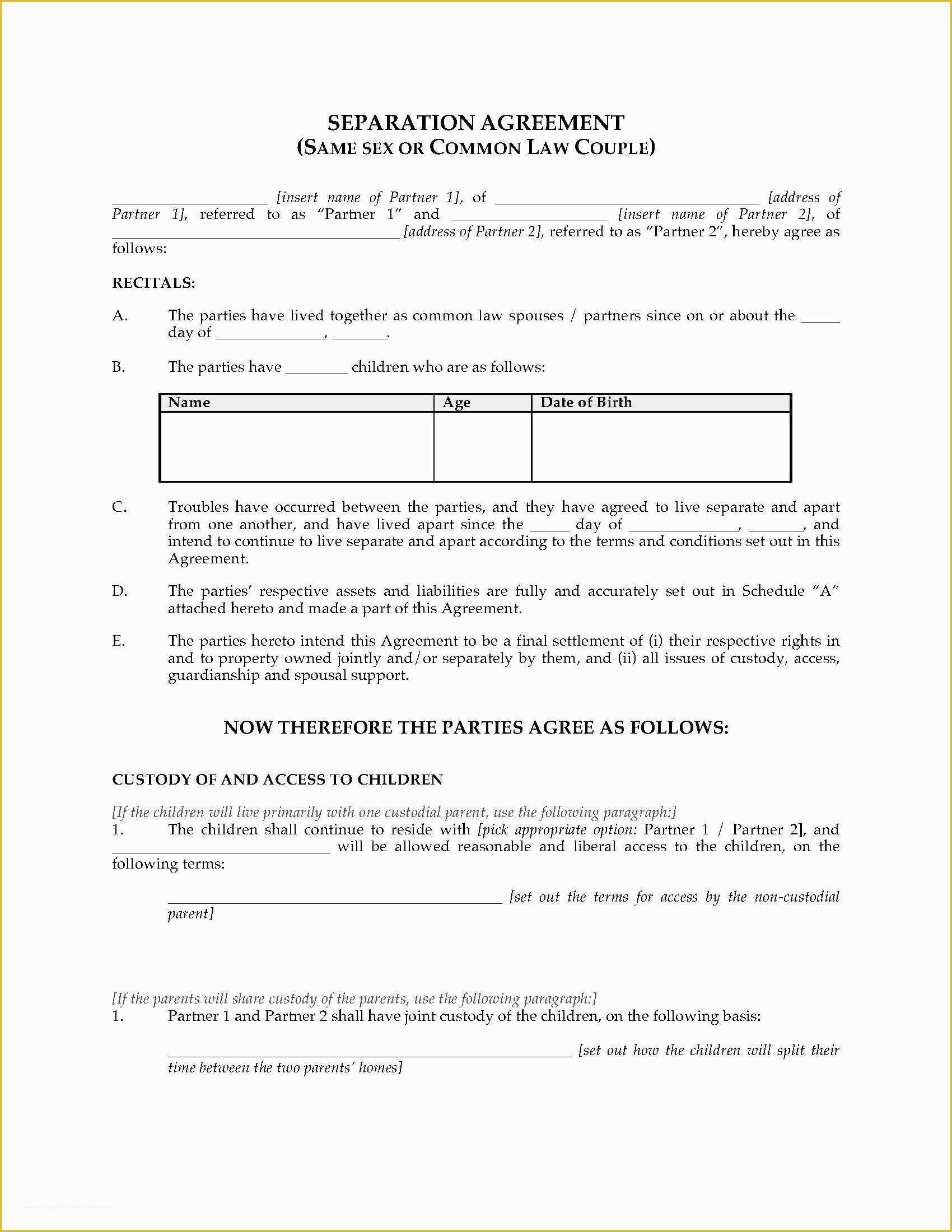 Free Separation Agreement Template Of Mon Law Separation Agreement Template Tario