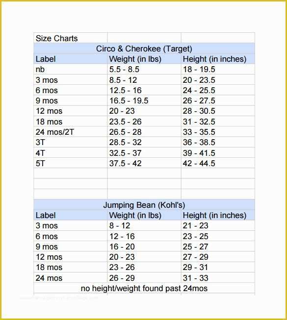 60 Free Size Chart Template