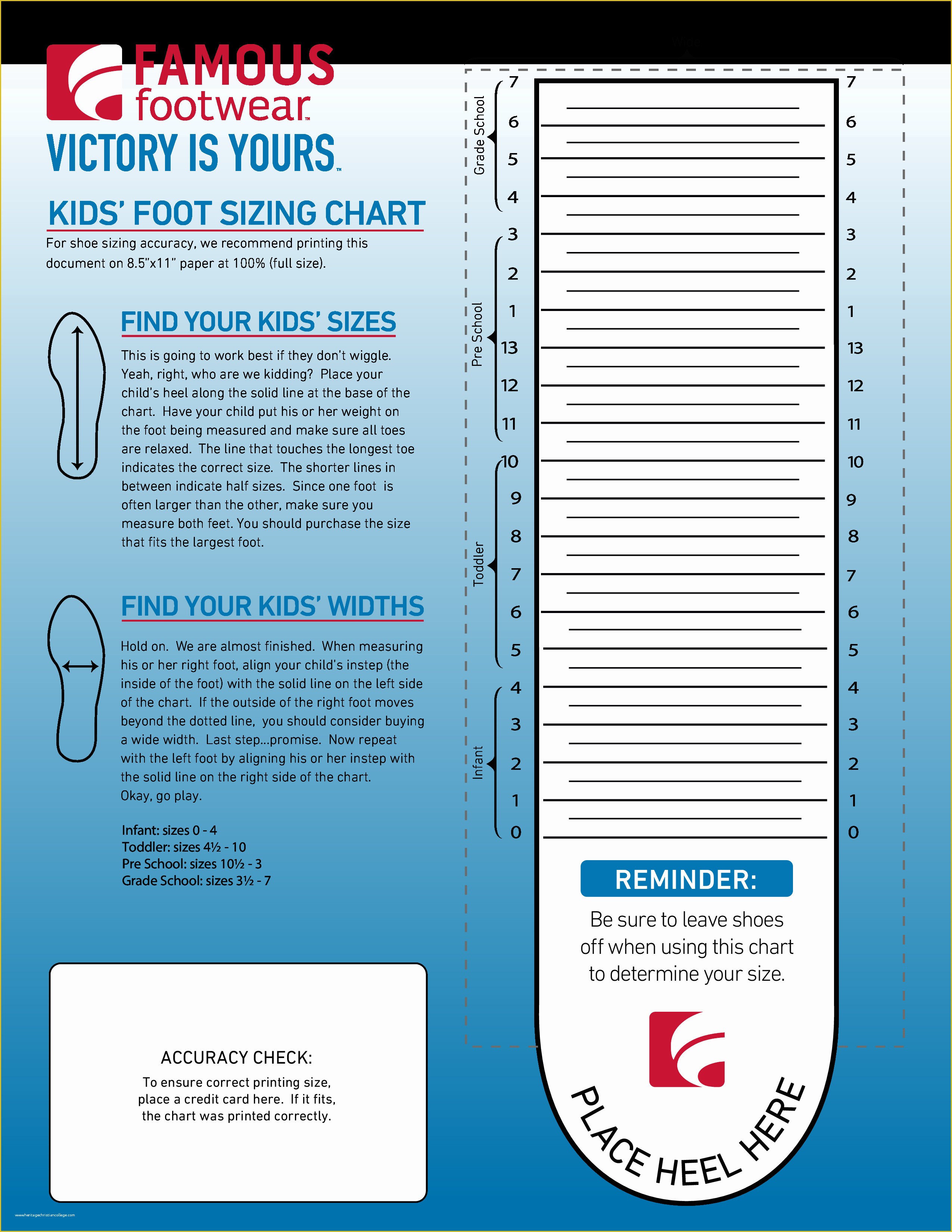 Free Size Chart Template Of Free Kids Foot Size Chart