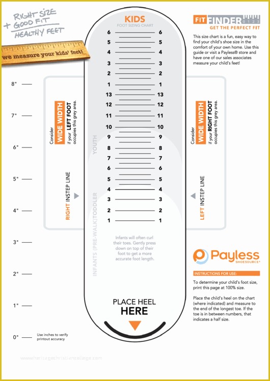Free Size Chart Template Of Payless Kids Foot Sizing Chart Printable Pdf