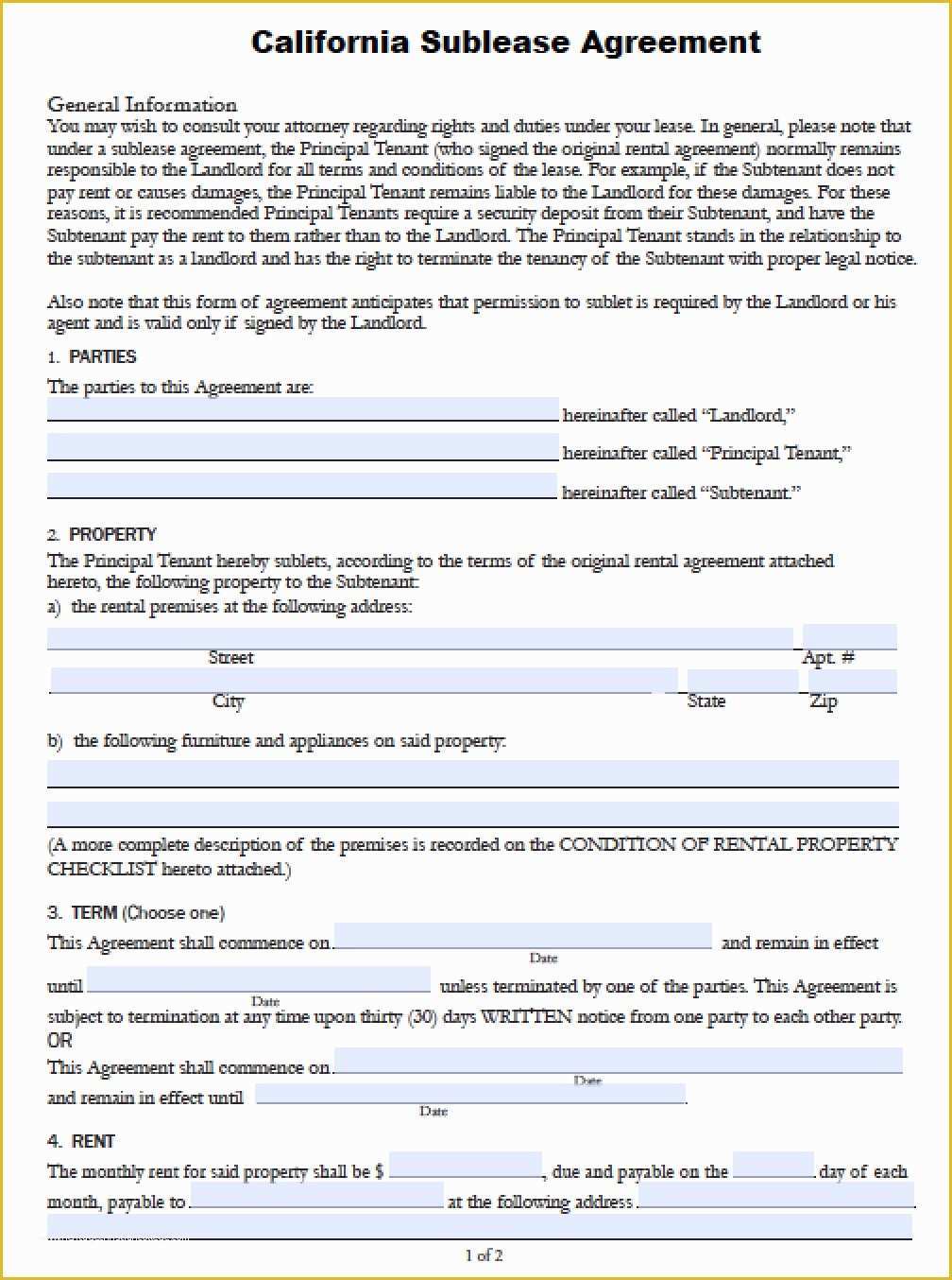 Free Sublease Agreement Template Of Free California Sub Lease Agreement Pdf