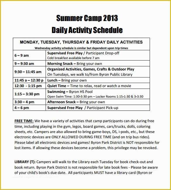 Free Summer Camp Schedule Template Of 13 Camp Schedule Templates Pdf