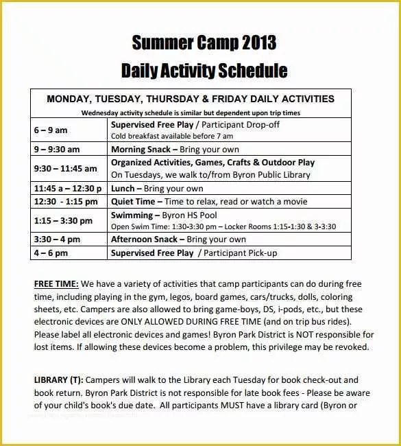 Free Summer Camp Schedule Template Of 13 Camp Schedule Templates Pdf Doc