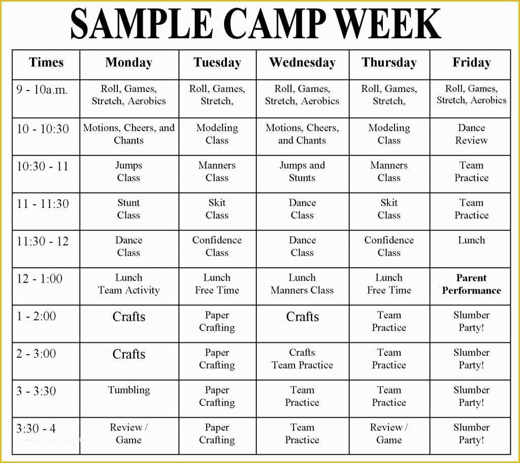 Free Summer Camp Schedule Template Of Cheerleading Summer Camp 2018 Activities