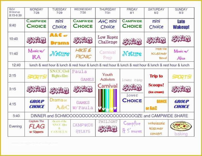 Free Summer Camp Schedule Template Of Sample Summer Camp Schedule Idealstalist