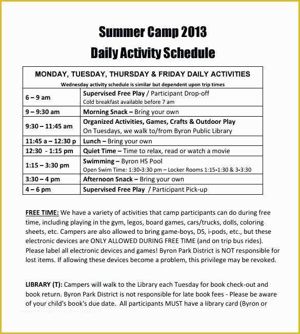 Free Summer Camp Schedule Template Of Summer Camp Daily Schedule Template Giving Kids A Schedule