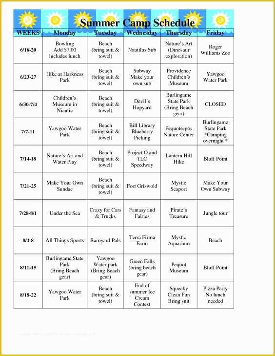 Free Summer Camp Schedule Template Of Summer Camp Schedule Template Schedule