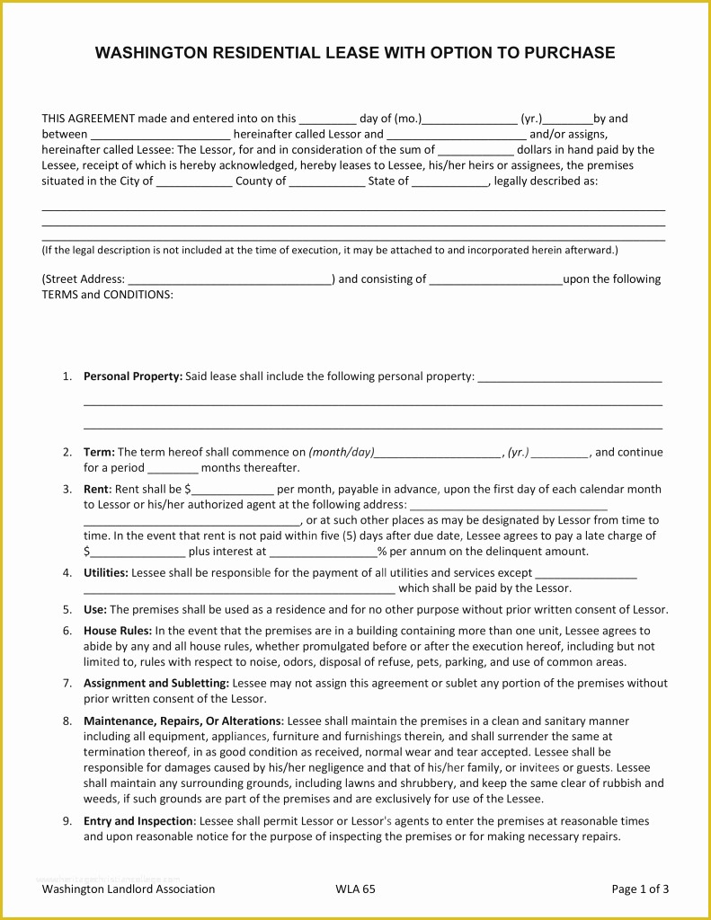 Free Washington State Rental Agreement Template Of Free Washington Residential Lease with Option to Purchase