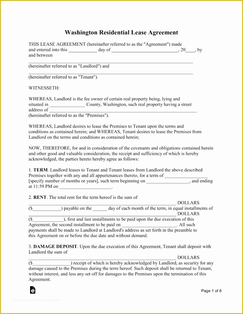 Free Washington State Rental Agreement Template Of Free Washington Standard Residential Lease Agreement