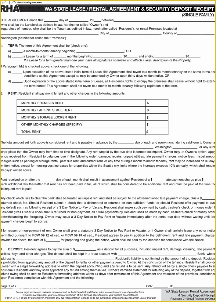 Free Washington State Rental Agreement Template Of Free Washington State Month to Month Rental Agreement