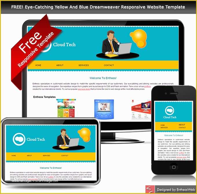 Free Website Design Templates Of Free Eye Catching Yellow and Blue Dreamweaver Responsive