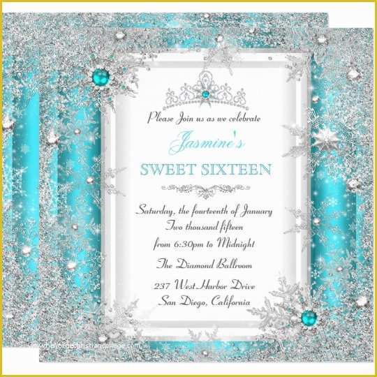 Free Winter Wonderland Invitations Templates Of Teal Silver Winter Wonderland Sweet 16 Snowflake