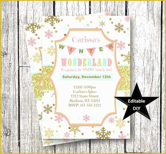 Free Winter Wonderland Invitations Templates Of Winter Wonderland Invitation Template Gold Pink Mint
