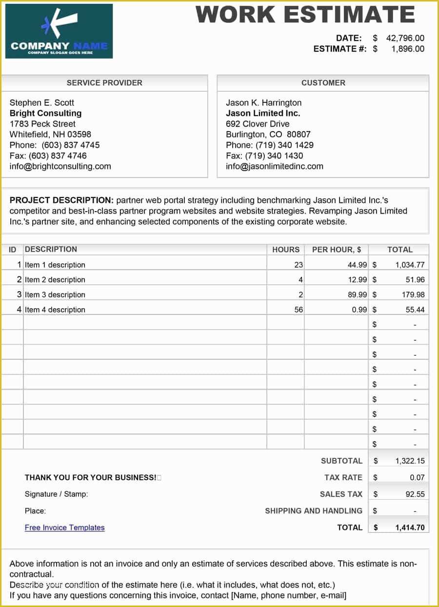 Free Work Estimate Template Of 44 Free Estimate Template forms [construction Repair