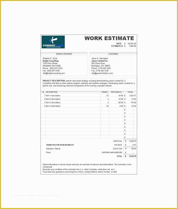 Free Work Estimate Template Of 6 Estimate Invoice Template Free Sample Example