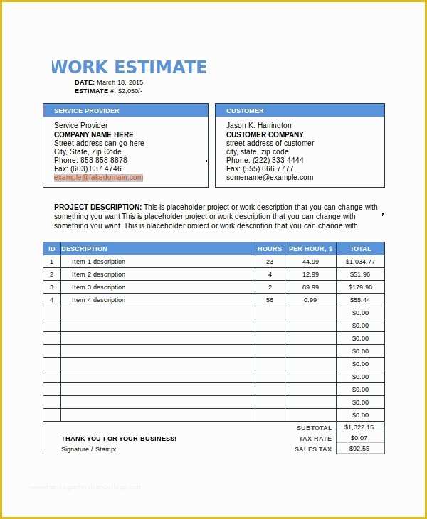 Free Work Estimate Template Of 8 Work Estimate Templates