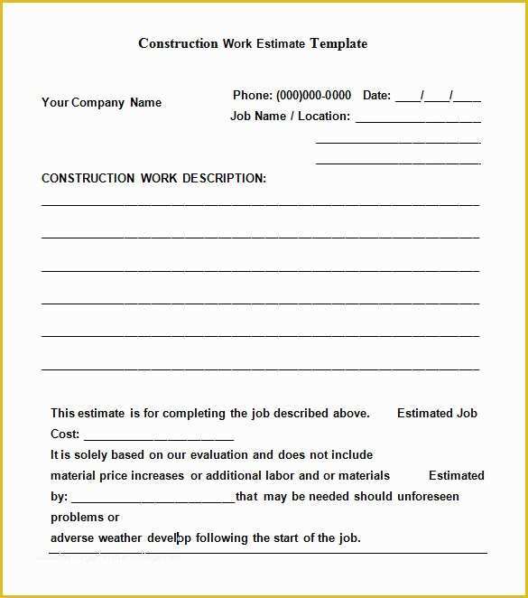 Free Work Estimate Template Of Free Construction Estimate Templates Collections