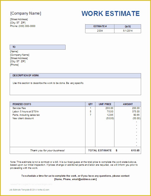 Free Work Estimate Template Of Job Estimate Template