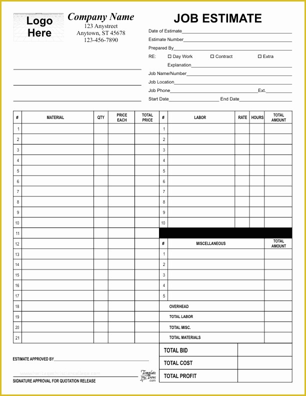 Free Work Estimate Template Of Job Estimate Template