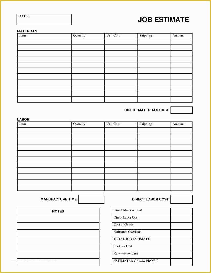 Free Work Estimate Template Of Printable Job Estimate forms