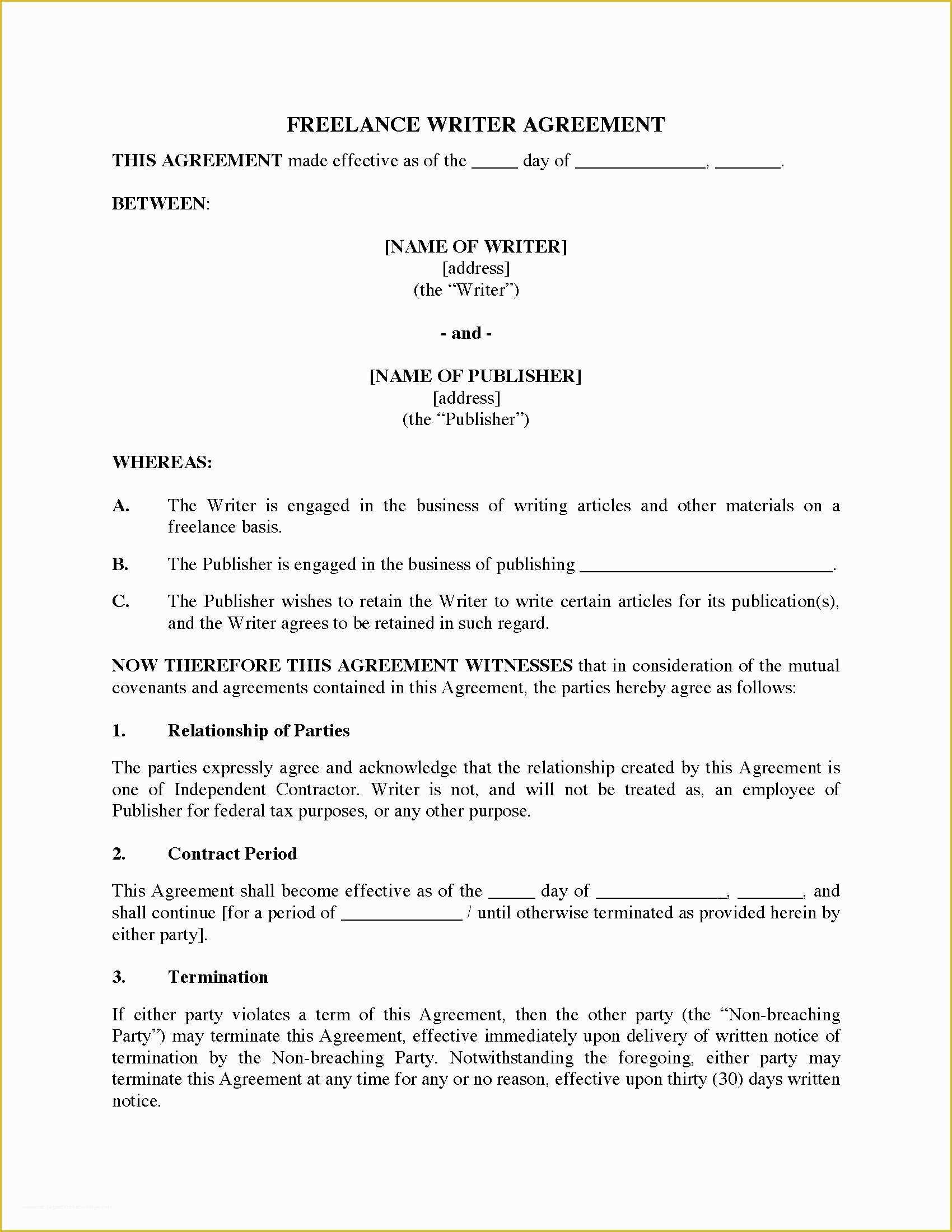 Freelance Agreement Template Free Of Freelance Writer Agreement