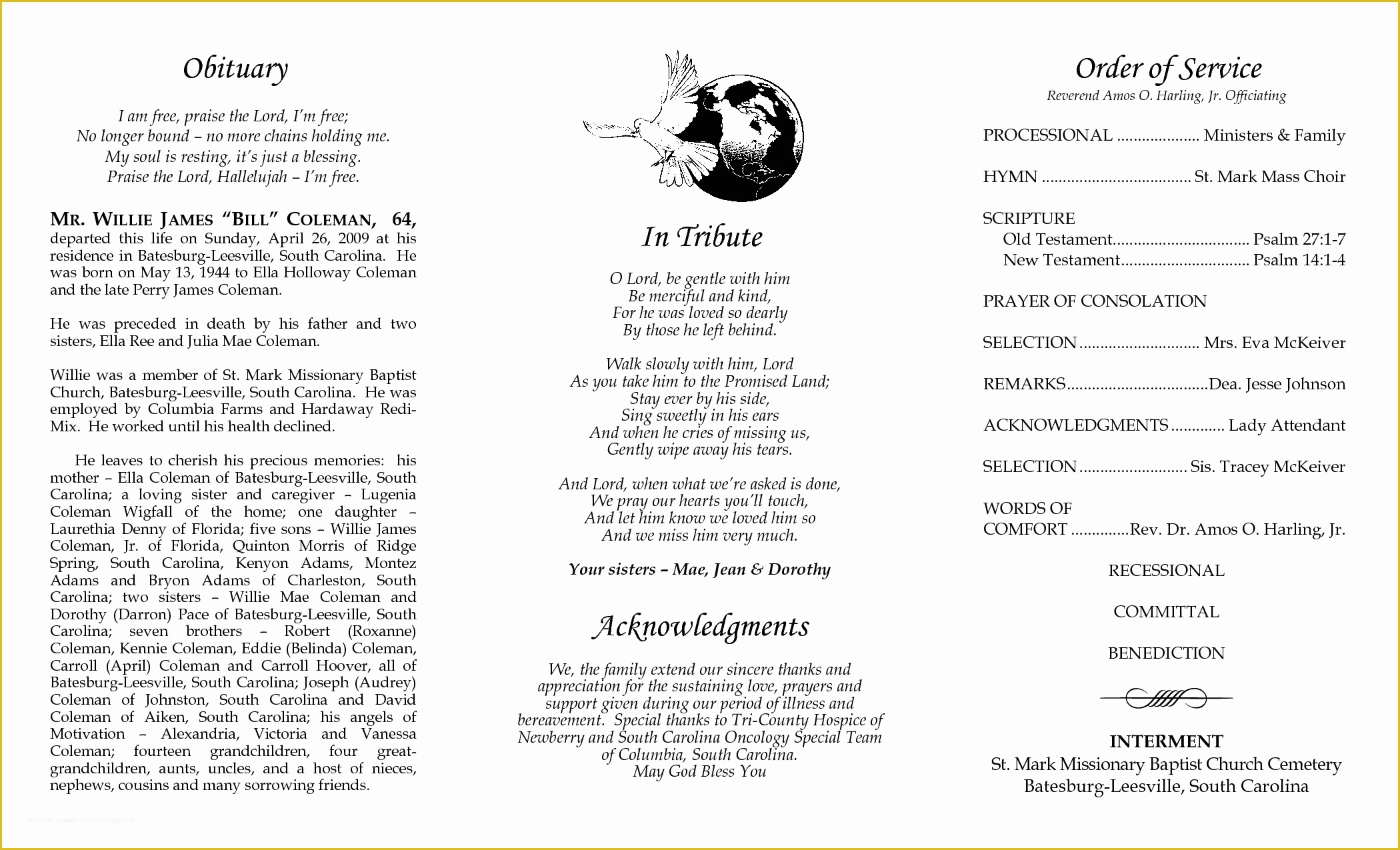 Funeral order Of Service Template Free Of 10 Best Of Obituary Tribute Examples Memorial
