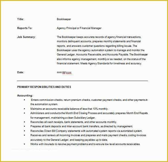 Job Description Template Free Word Of 10 Bookkeeper Job Description Templates – Free Sample