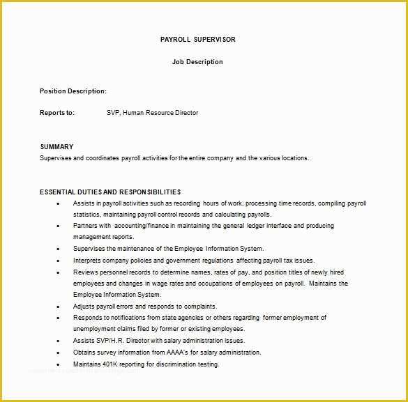 Job Description Template Free Word Of 9 Supervisor Job Description Templates