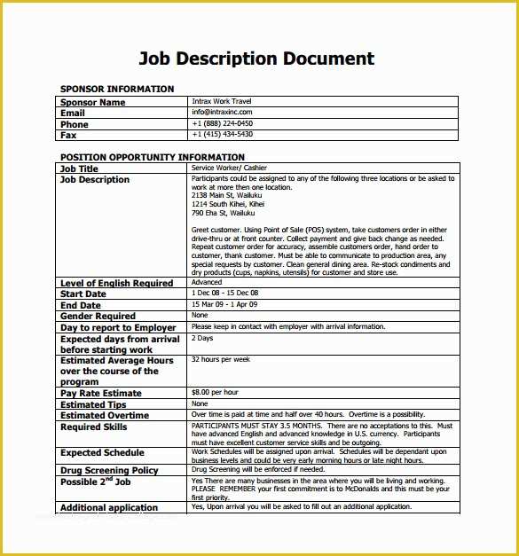 Job Description Template Free Word Of Cashier Job Description Template – 10 Free Word Pdf