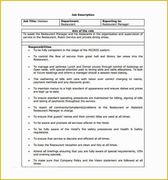 Job Description Template Free Word Of Hostess Job Description Template – 10 Free Word Pdf