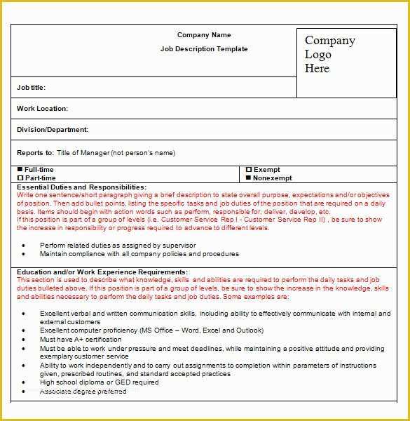 Job Description Template Free Word Of Job Description Template – 47 Free Word Excel Pdf