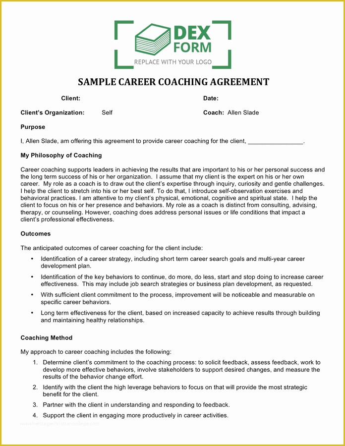Life Coaching Contract Template Free Of Sample Career Coaching Agreement In Word and Pdf formats