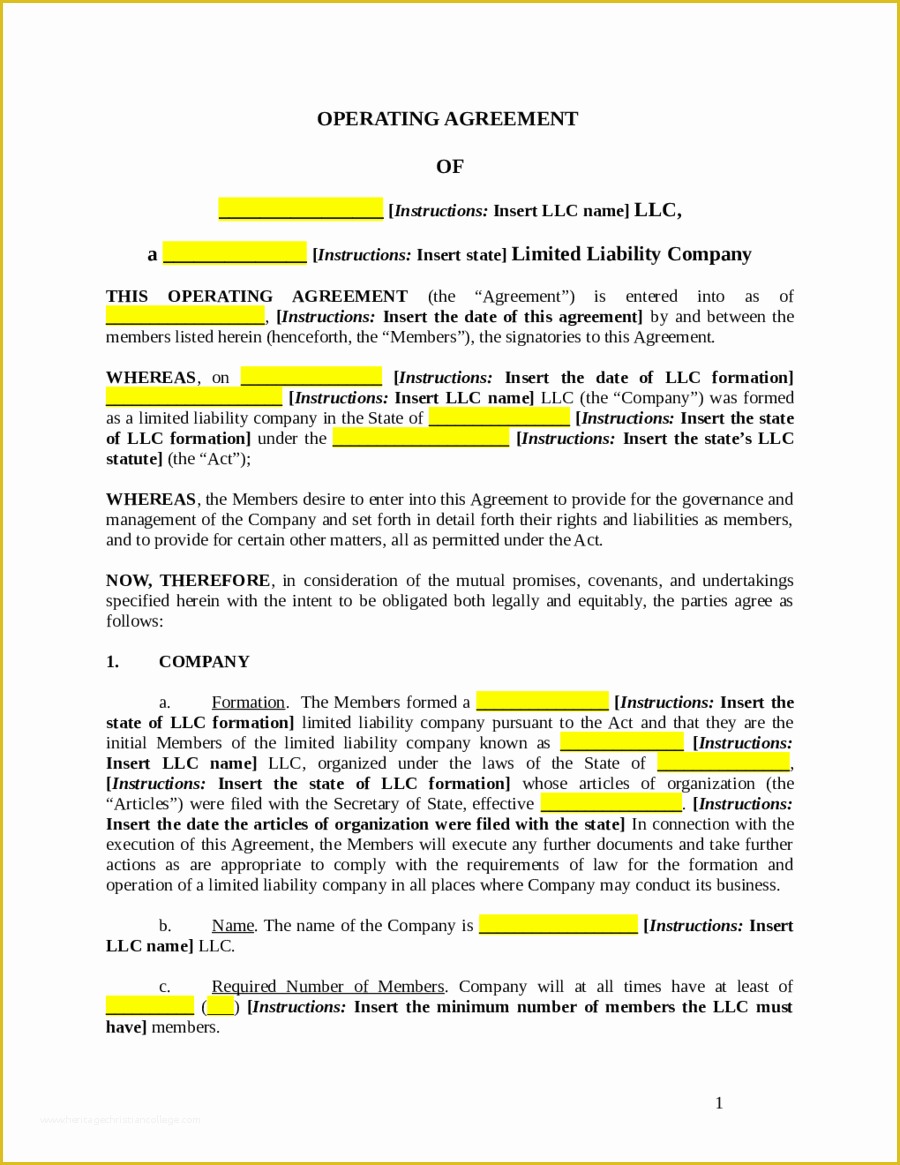 Llc Operating Agreement Template Free Of 2018 Llc Operating Agreement Template Fillable