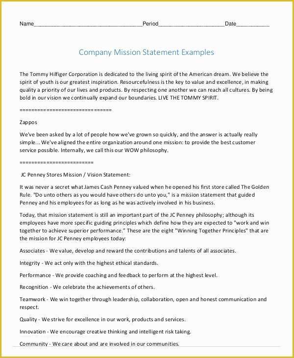 Mission Statement Template Free Of Mission Statement Template 9 Free Word Pdf format