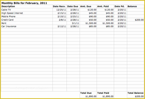 Monthly Bill Spreadsheet Template Free Of Monthly Bills Spreadsheet Template