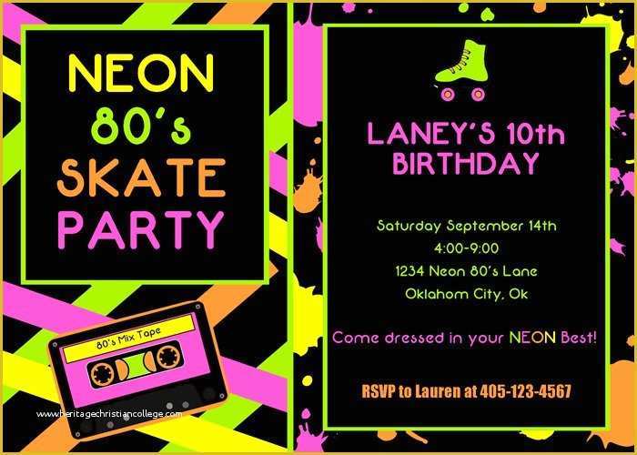 Neon Party Invitations Templates Free Of 80 S Party Invitation Roller Skate Party Neon Party