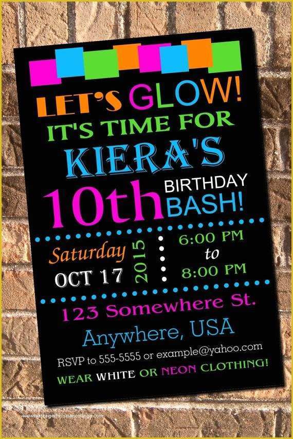 Neon Party Invitations Templates Free Of Glow Neon Birthday Party Invitation with Free Thank by