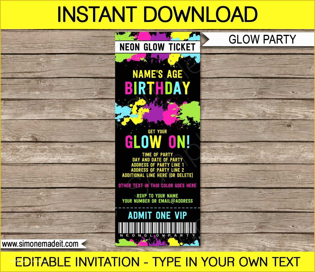 Neon Party Invitations Templates Free Of Neon Glow Party Ticket Invitation Neon Glow theme Birthday