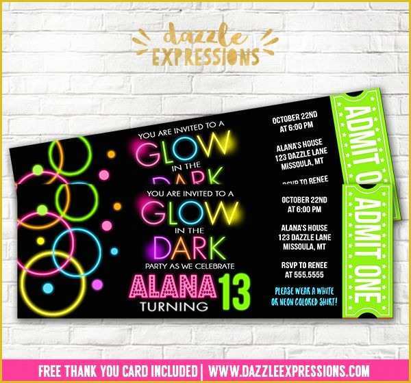 Neon Party Invitations Templates Free Of Printable Glow In the Dark Ticket Birthday Invitation