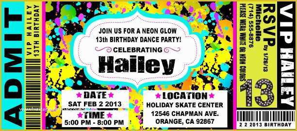 Neon Party Invitations Templates Free Of Vip Ticket Neon Glow Birthday Party Invitation Vip Ticket