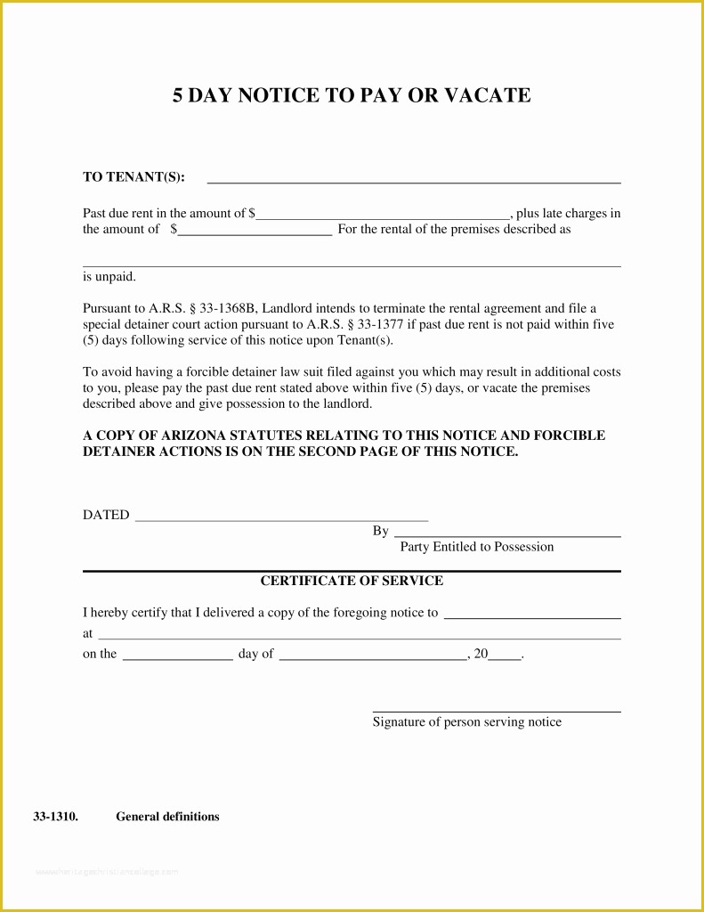 Notice to Vacate Template Free Of Arizona 5 Day Notice to Pay or Vacate form – Notice to
