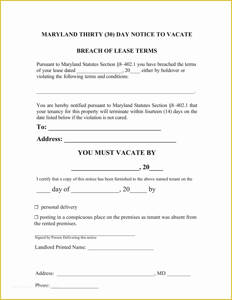 Notice to Vacate Template Free Of Free Maryland 30 Day Notice to Quit form
