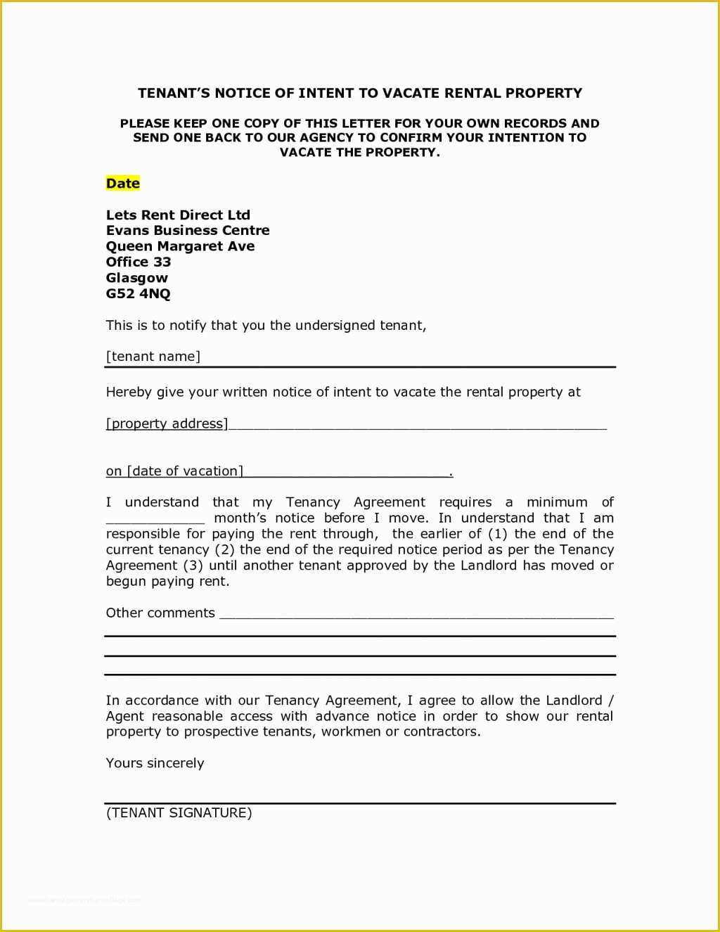 Notice to Vacate Template Free Of Landlord Notice Letter to Tenant Template Examples