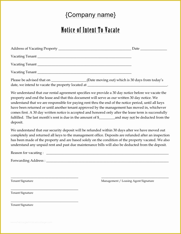 Notice to Vacate Template Free Of Notice Of Intent to Vacate Free Documents for