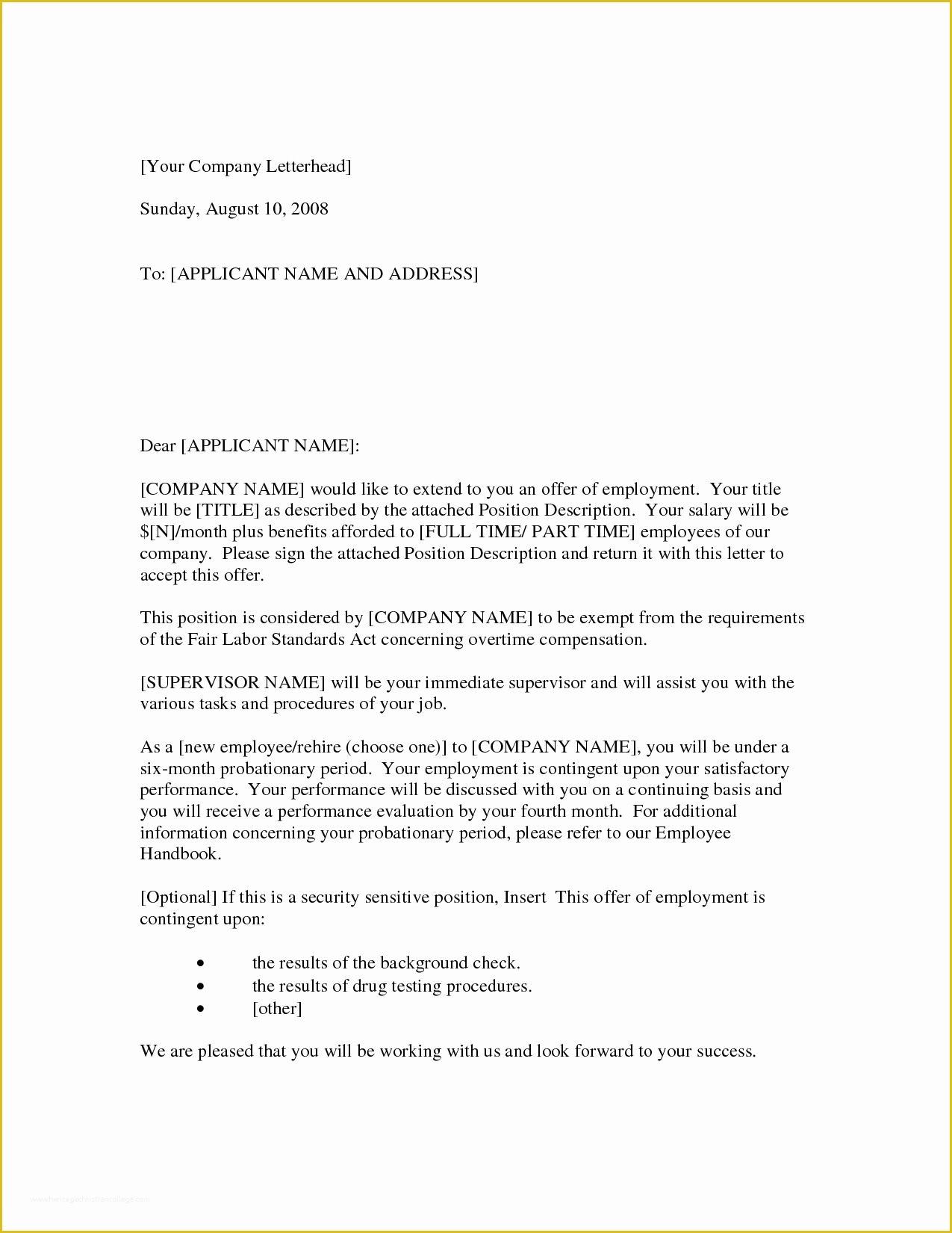 Offer Of Employment Letter Template Free Of Employment Fer Letter