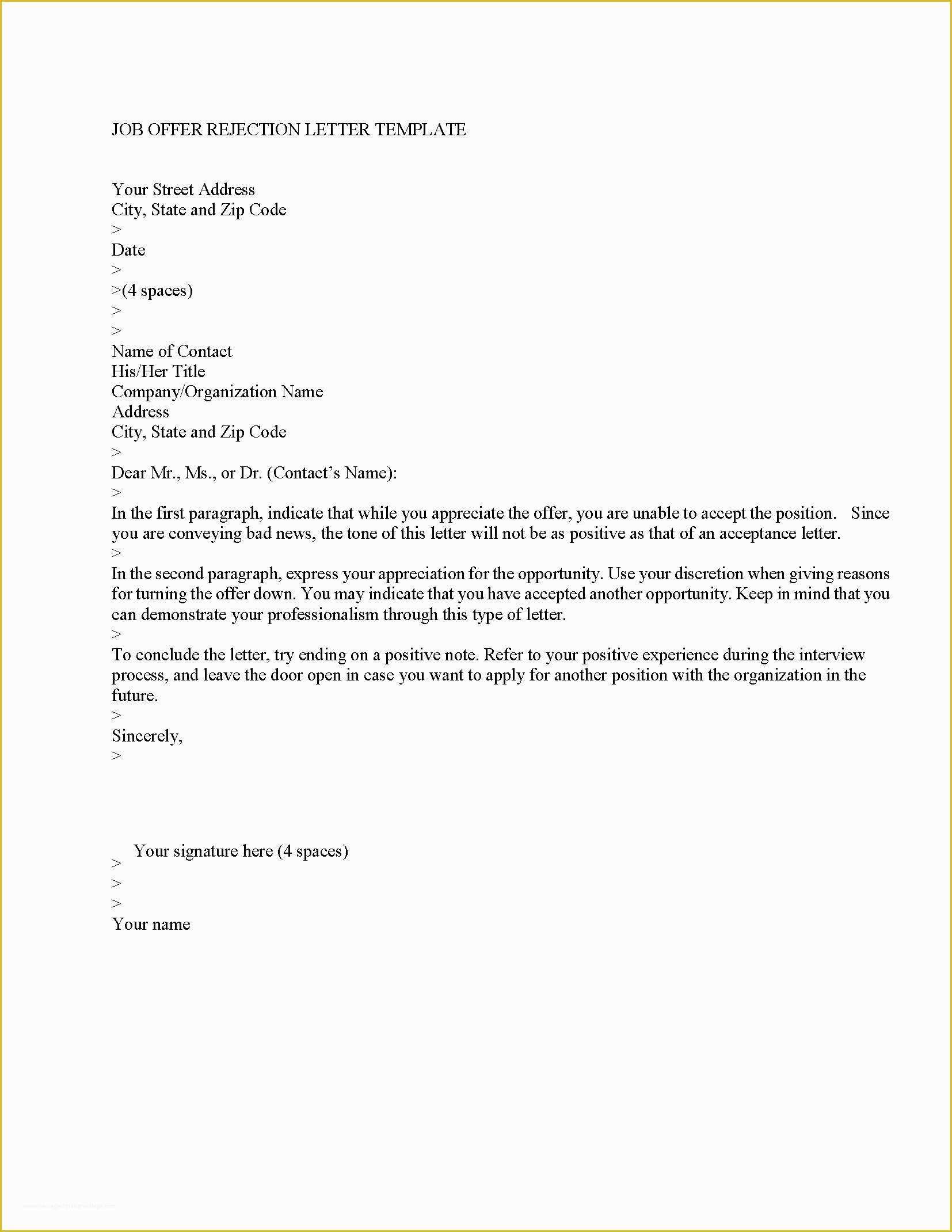 Offer Of Employment Letter Template Free Of Job Application Rejection Template