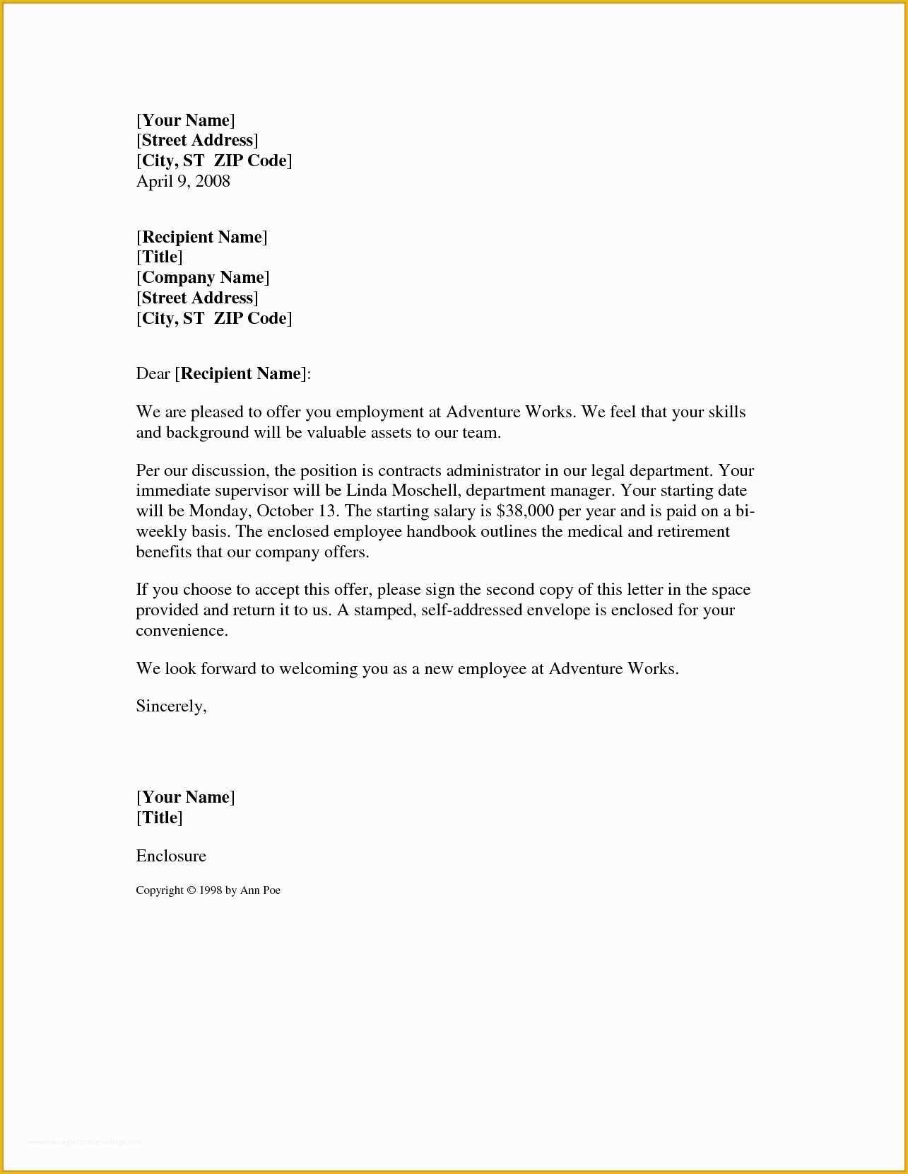 Offer Of Employment Letter Template Free Of Job Fer Letter Sample Template